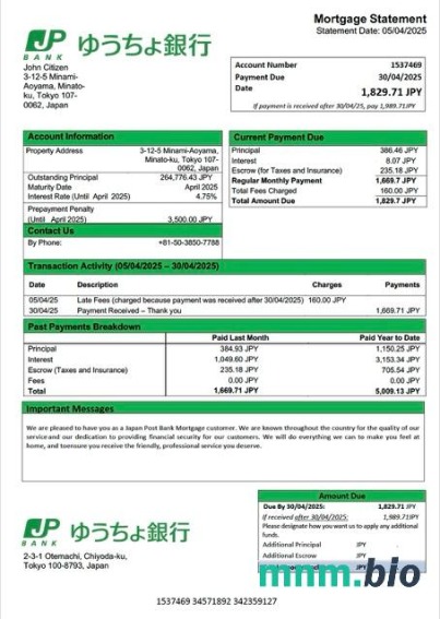 Japonia Bank Pocztowy wyciąg z kredytu hipotecznego szablon Word i PDF